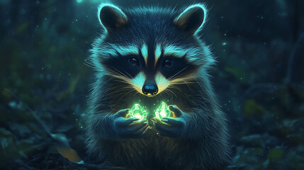 A curious raccoon with glowing crystals in its hands