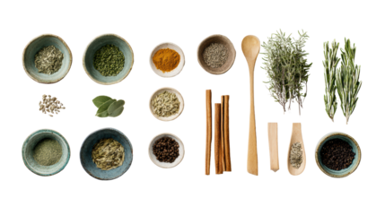 Colorful assortment of herbs and spices in bowls with wooden utensils, white isolate background.