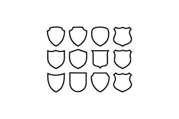 Variety of Shield Designs Uniformly Arranged Simple Black and White Emblems Representing Security Protection and Heraldry Different Shapes