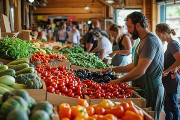 Obraz premium Vegan food market with colorful organic produce, farmers engaging with customers, lively and fresh atmosphere