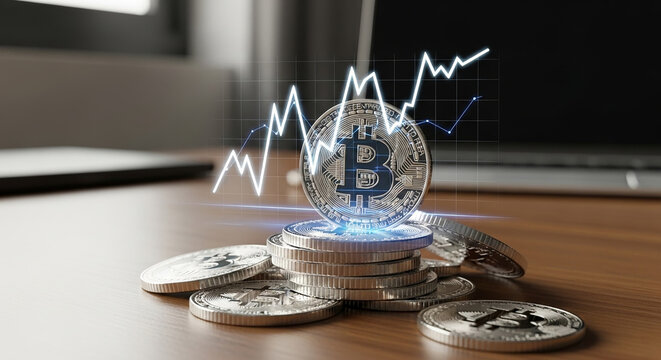 Stack of Bitcoin coins with rising graph overlay, symbolizing cryptocurrency growth and investment potential.