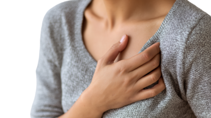 Concerned woman with hand on heart, isolated on white background.