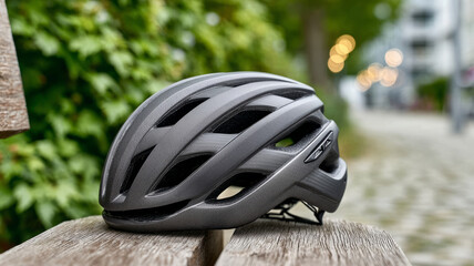 Black bicycle helmet on a park bench with blurred background.