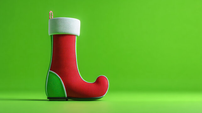 A modern 3D Christmas greeting card design mockup, curved shape with soft green and red gradients, suggesting an elf shoe tip. bright lime green background. 