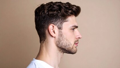 Fototapeta premium Profile view of a young man with short, styled brown hair and a short beard, wearing a plain white t-shirt against a neutral background