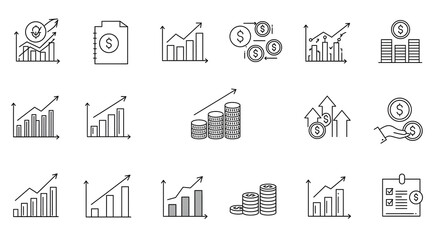 Money and investment vector icon set. Outline symbols for finance, currency exchange, profit, savings, and economic growth.