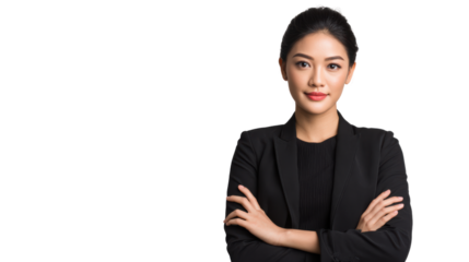 Confident businesswoman with folded arms, isolated on white background.