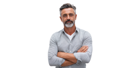 Confident man with gray hair and a beard, arms crossed, smiling, isolated on a white background