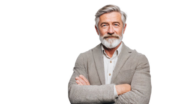 Confident older man with gray hair and beard, smiling, wearing a casual blazer, isolated on white background.