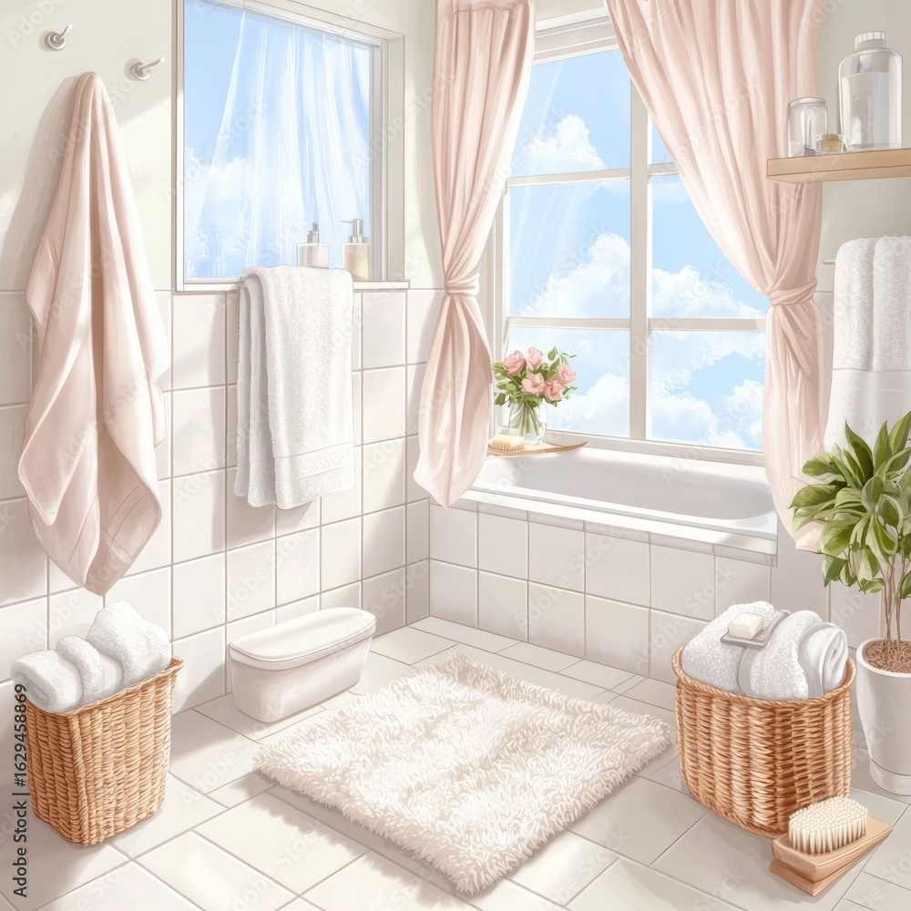 Poster cozy and inviting bathroom nook with a soft beige color palette warm sunlight streaming through the 
