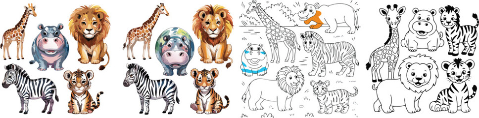 Obraz premium Cartoon Animals Set Illustration Giraffe, Lion, Hippo, Zebra, and Tiger, Color and Black White