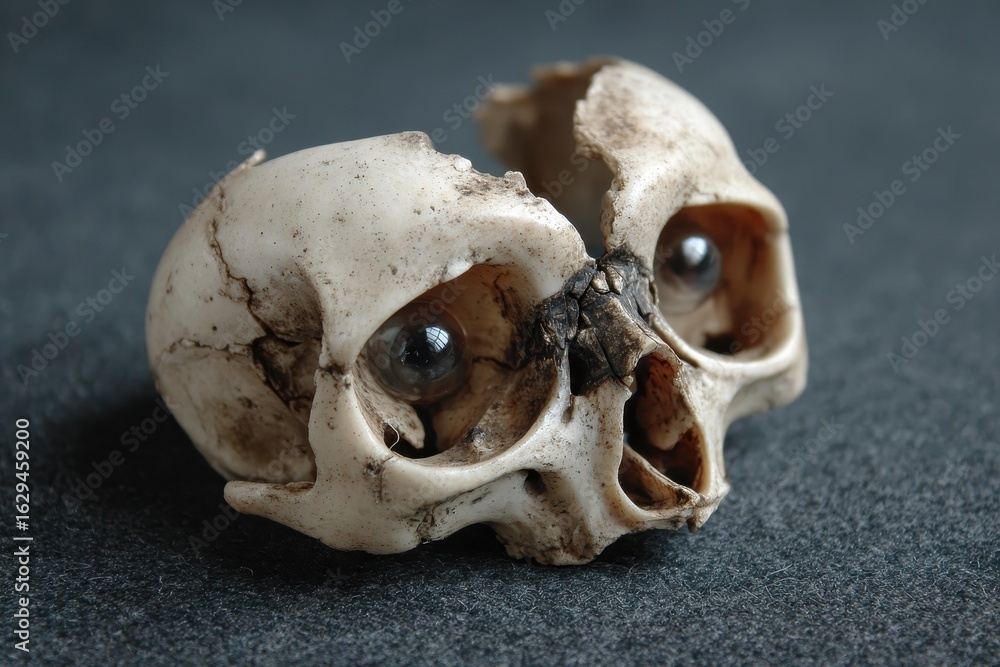 Poster bonewhite skull with hollow eye sockets and sharp features displayed on a dark textured surface