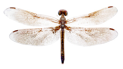 Dragonfly with intricate wing patterns, white isolate background.