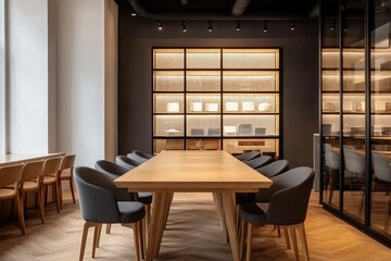 Fototapeta premium Dining Room Interior with Wooden Table Gray Chairs And Lit Display Cabinet