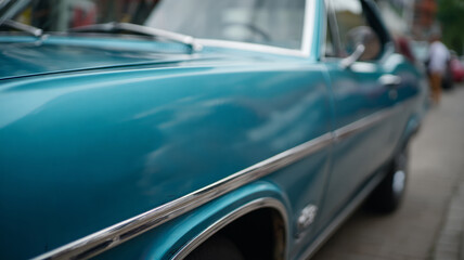 Classic blue car with chrome details parked on a street.
