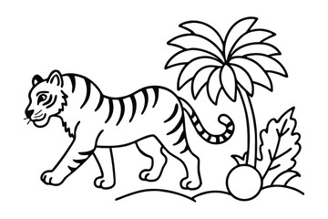 Stylized black and white line drawing of a tiger walking in a tropical landscape