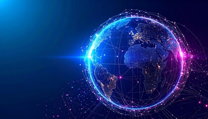 Naklejka premium A glowing blue and purple Earth globe with interconnected lines and dots, symbolizing global technology.