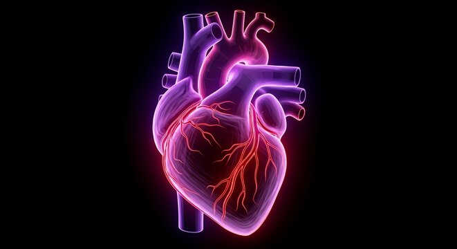 Neon Glowing Human Heart Illustration with Vivid Colors and Anatomical Details