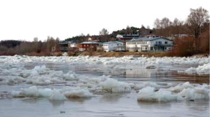 Frozen Riverfront Village: A tranquil waterscape where nature's artistry unfolds as an icy river flows, adorned with icebergs, next to charming houses.