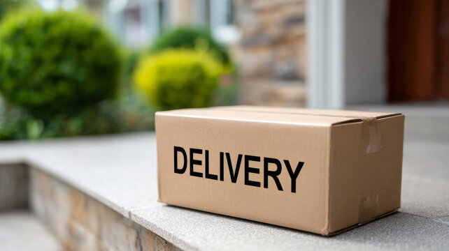 Close-up of a delivery package on a porch step.