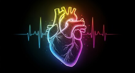 Colorful Digital Heart Illustration with Electrocardiogram Line on Black Background