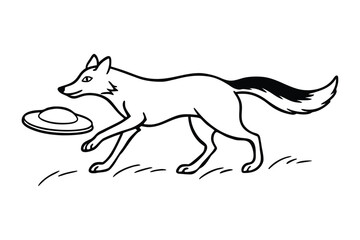 Cartoon fox running with a frisbee in a field