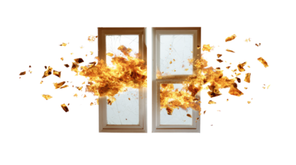Blazing Blaze: An artistic depiction of two window frames, engulfed in a fiery inferno, evokes a sense of destruction and chaos. The vibrant orange flames burst outwards, consuming the windows. 