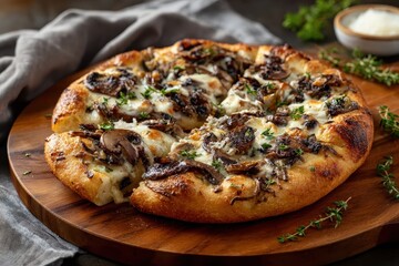 Realistic truffle pizza topped with mushrooms and cheese served on a wooden board with fresh herbs in a cozy setting