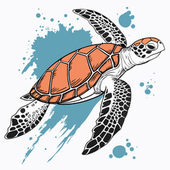 Orange and black sea turtle illustration with blue brushstrokes, perfect for ocean-themed designs. Vector available.

