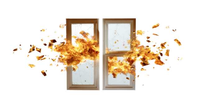 Blazing Blaze: An artistic depiction of two window frames, engulfed in a fiery inferno, evokes a sense of destruction and chaos. The vibrant orange flames burst outwards, consuming the windows. 