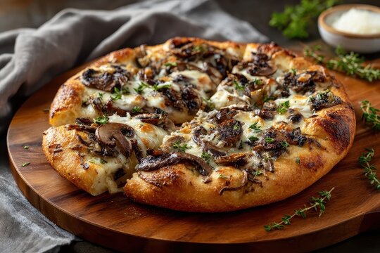Realistic truffle pizza topped with mushrooms and cheese served on a wooden board with fresh herbs in a cozy setting