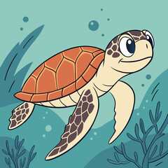 Cheerful cartoon turtle swimming in the ocean. Great for children's illustrations and educational materials. AI generated.

