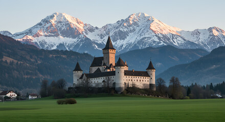古城 夕焼け 空 壮大 雪山 背景 美しい風景 (furujou yuuyake sora soudai yukisan haikei utsukushii fuukei) This translates roughly to: Ancient castle, sunset sky, majestic snowy mountains, beautiful background landscape.