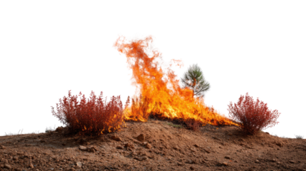 Raging Blaze on Hillside: Witness the raw power of nature as a wildfire engulfs a hillside, with towering flames and plumes of smoke rising against the skyline.