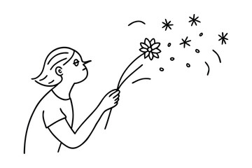Person blowing on a flower to spread seeds or petals