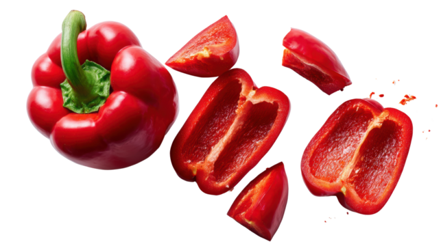 Fresh red bell pepper and sliced pieces, white isolated background.