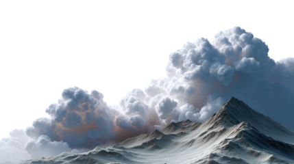 Majestic Mountainscape with Dramatic Clouds: A breathtaking panorama of a rugged mountain range, its peaks piercing the sky, while a colossal cloud formation cascades over the summits.