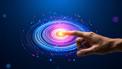 a hand reaching out to touch a glowing, circular vortex of vibrant blue and purple light, with scattered particles suggesting energy and movement.