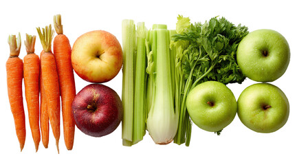 Fresh vegetables and fruits arranged on a white background, showcasing a colorful and healthy selection.