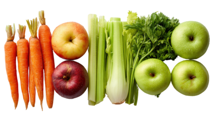 Fresh vegetables and fruits arranged on a white background, showcasing a colorful and healthy selection.