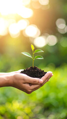 Hand holds small plant with green leaves, symbolizing growth and environmental care, perfect for Earth Day celebrations