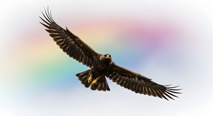 虹色背景 力強く羽ばたく鷲 雄大な飛行. AI Generated