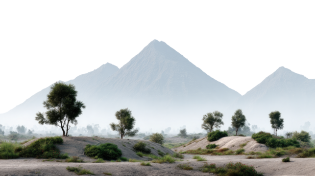 Mountain Landscape: A tranquil mountainous landscape with soft, diffused light, where peaks rise gracefully, punctuated by sparse greenery and a subtle mist, creating a scene of serene natural beauty.