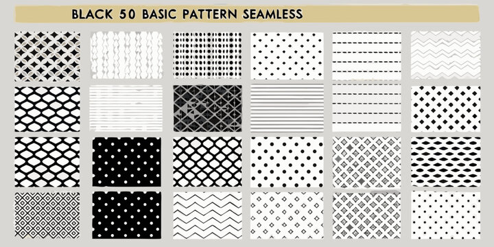 Collection of fifty basic black and white seamless patterns and textures for design