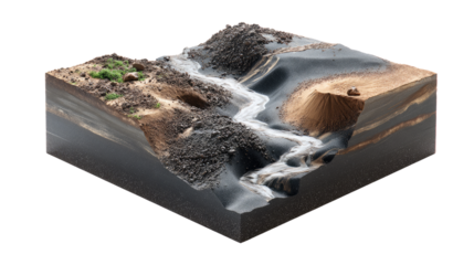 Miniature Landscape: A detailed diorama showcasing a miniature landscape with a flowing river through rugged terrain, offering a unique perspective on environmental science.