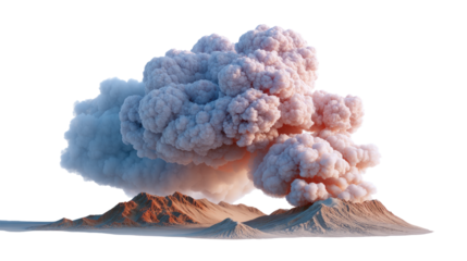 Eruption in a Digital Art: A dramatic cloud of ash and smoke billowing outwards, with the fiery blast of an active volcano set against a stark backdrop.