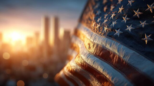 Waving flag in foreground symbolizes resilience with Twin Towers silhouetted behind