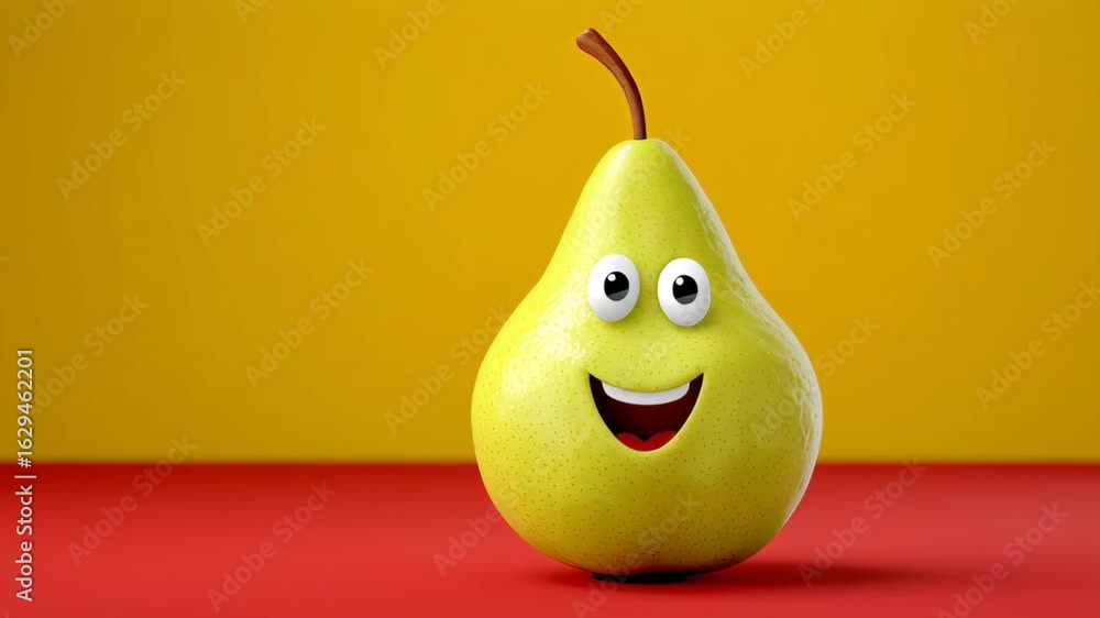 Poster cartoon-style pear character with a cheerful expression, featuring large eyes and a smiling mouth, s