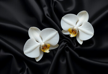 Obraz premium Elegant white orchids delicately rest upon a luxurious black satin fabric creating a striking contrast of light and shadow