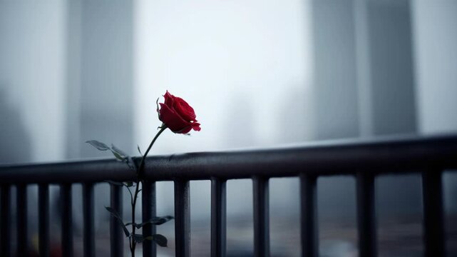 single red rose stands solemnly near towering pillars, symbolizing remembrance